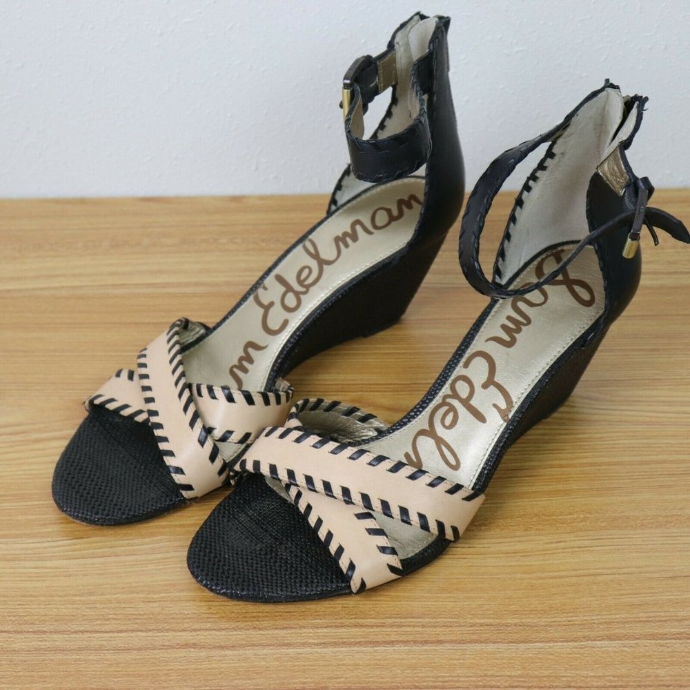 Sam Edelman Size 10M Silvia Black & Tan Leather Wedges - Strappy Sandals - Heels